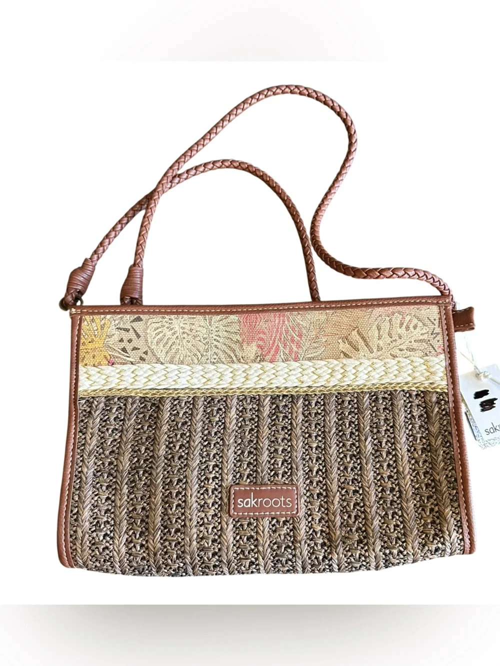 Sakroots Artist Circle Brown Woven Straw Ratan Jute Crossbody Bag NEW